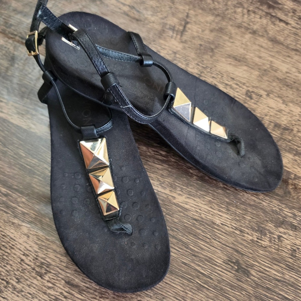 VIONIC Studded T-Strap Sandals Womens 9 Black Gold Pyramid Orthotic Comfort